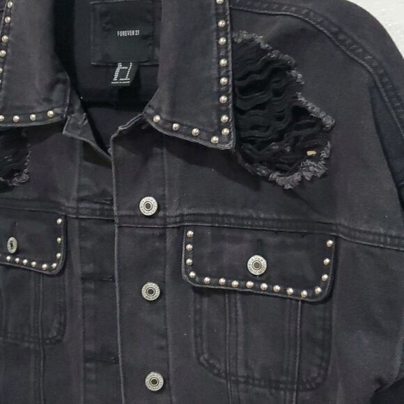 Cropped Distressed & Studded Black Jean Jacket Size XS Oversized - Picture 3 of 16